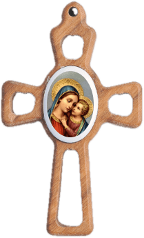 Dřevěný přívěsek ve tvaru kříže s fotografií na porcelánu