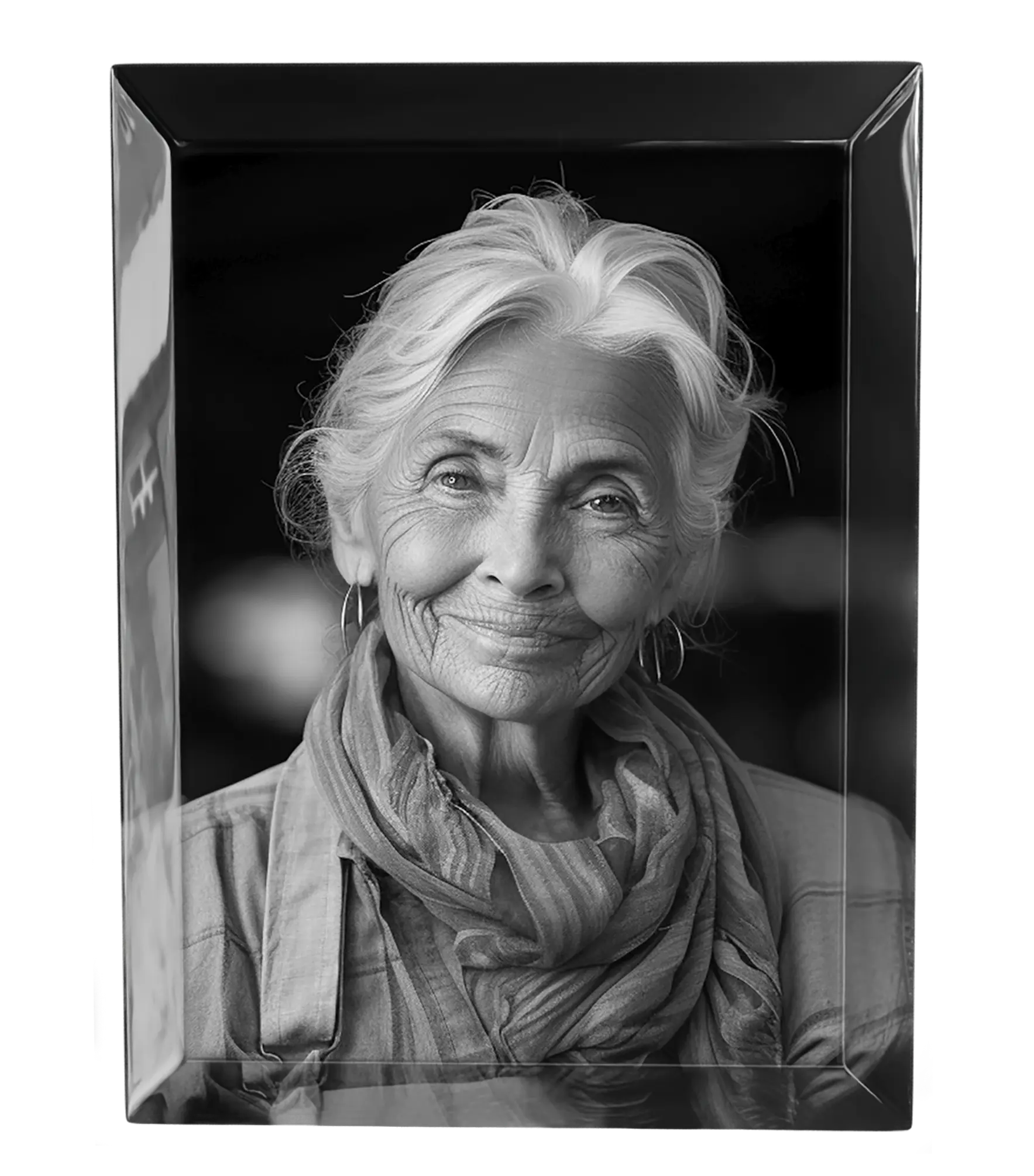 Černobílá fotografie na obdélníkovém broušeném skle